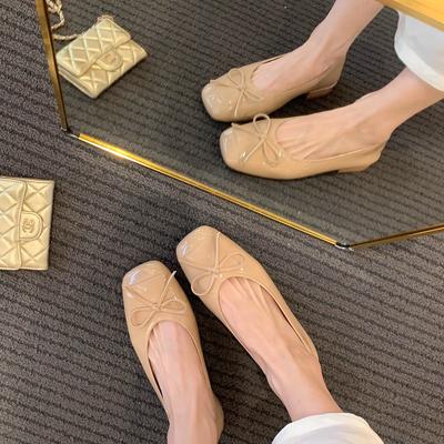 Cowhide Sweet Temperament Versatile Bow Square Head Thick Heel Ballet Style Leather Single Shoes Women