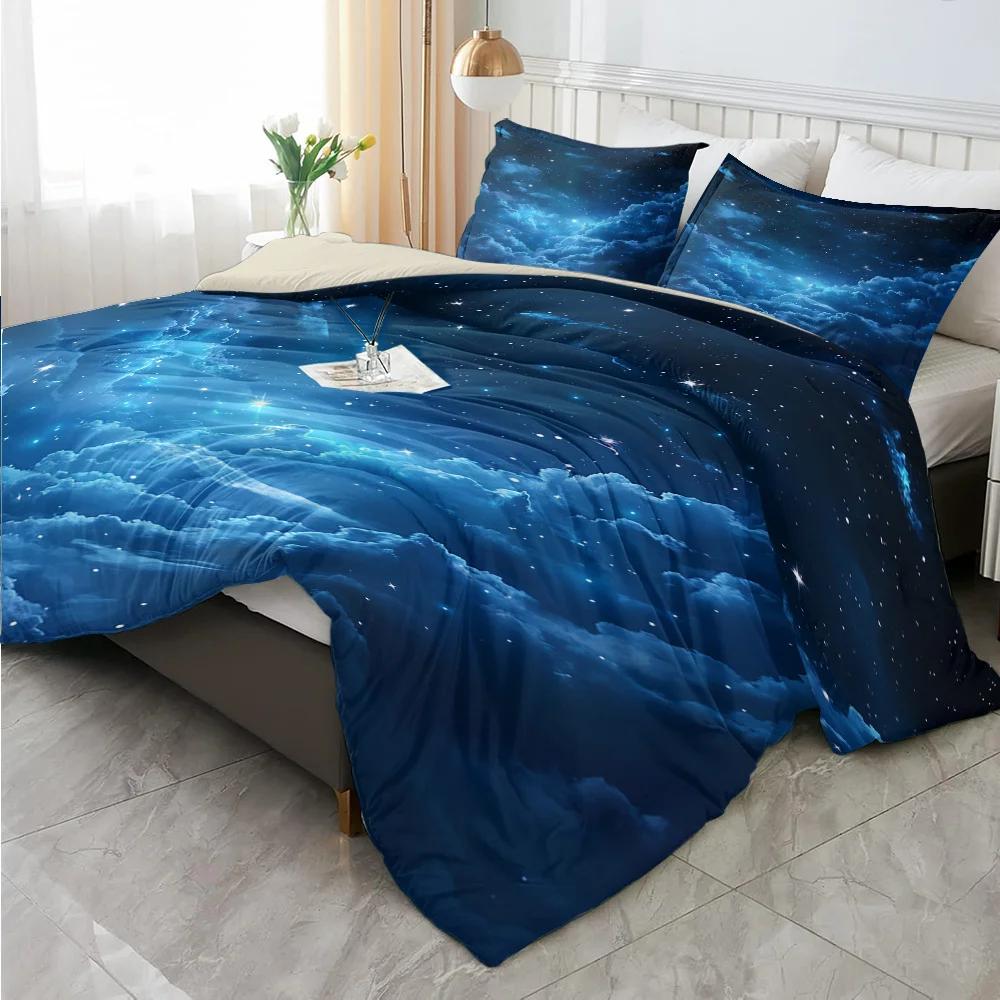 3pcs Blue Starry Sky Printed Quilt Set- Includes 1 Quilt Cover and 2 Pillow Cover (without Filler)