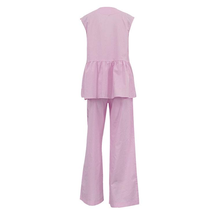 2025 Women's European-American Solid Color V-Neck Sleeveless Top & Long Pants Two-Piece Set - Stylish & Comfy