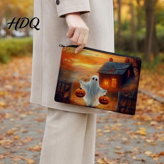 Large Capacity Pencil Bag Halloween Storage Bag, with Pumpkin Ghost Pattern Design, Thickened Themed Sundries Pouch Canvas Cosmetic Organizer,