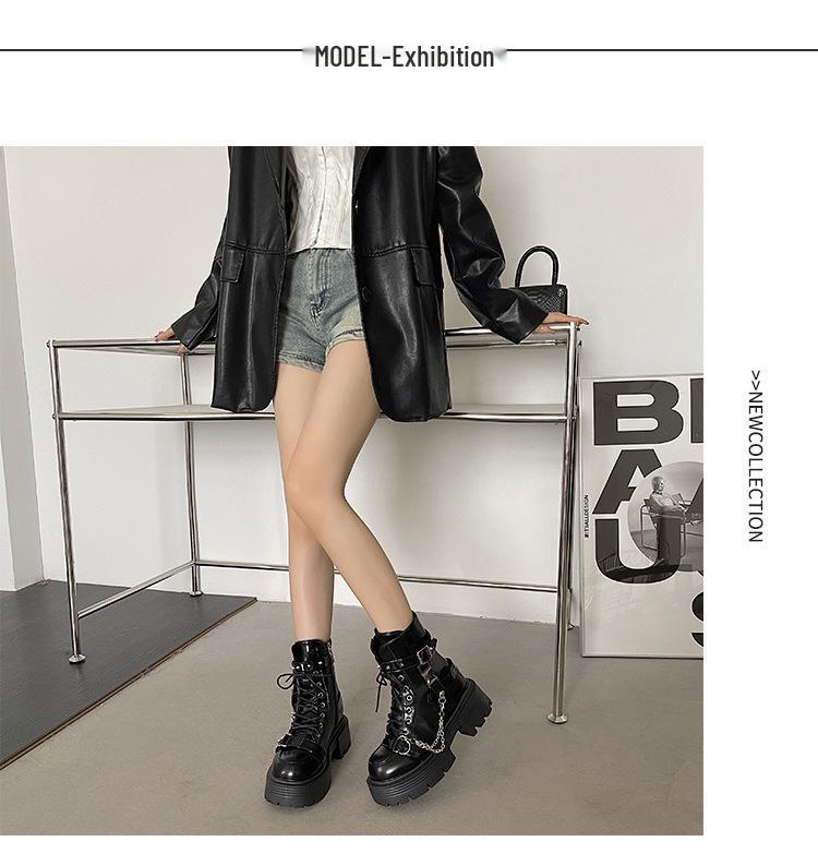 Damen Schwarze Plateau Martin Boots - Britischer Stil Knöchel, Motorrad, Höhenverstärkend - 2025 Frühling/Herbst Kollektion