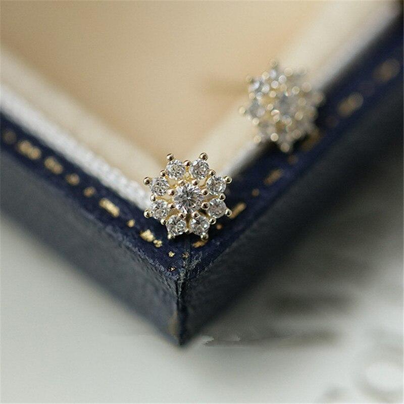 925 Sterling Silver Plating Korean Simple Crystal Flower Stud Earrings Women 14k Gold Plating Jewelry