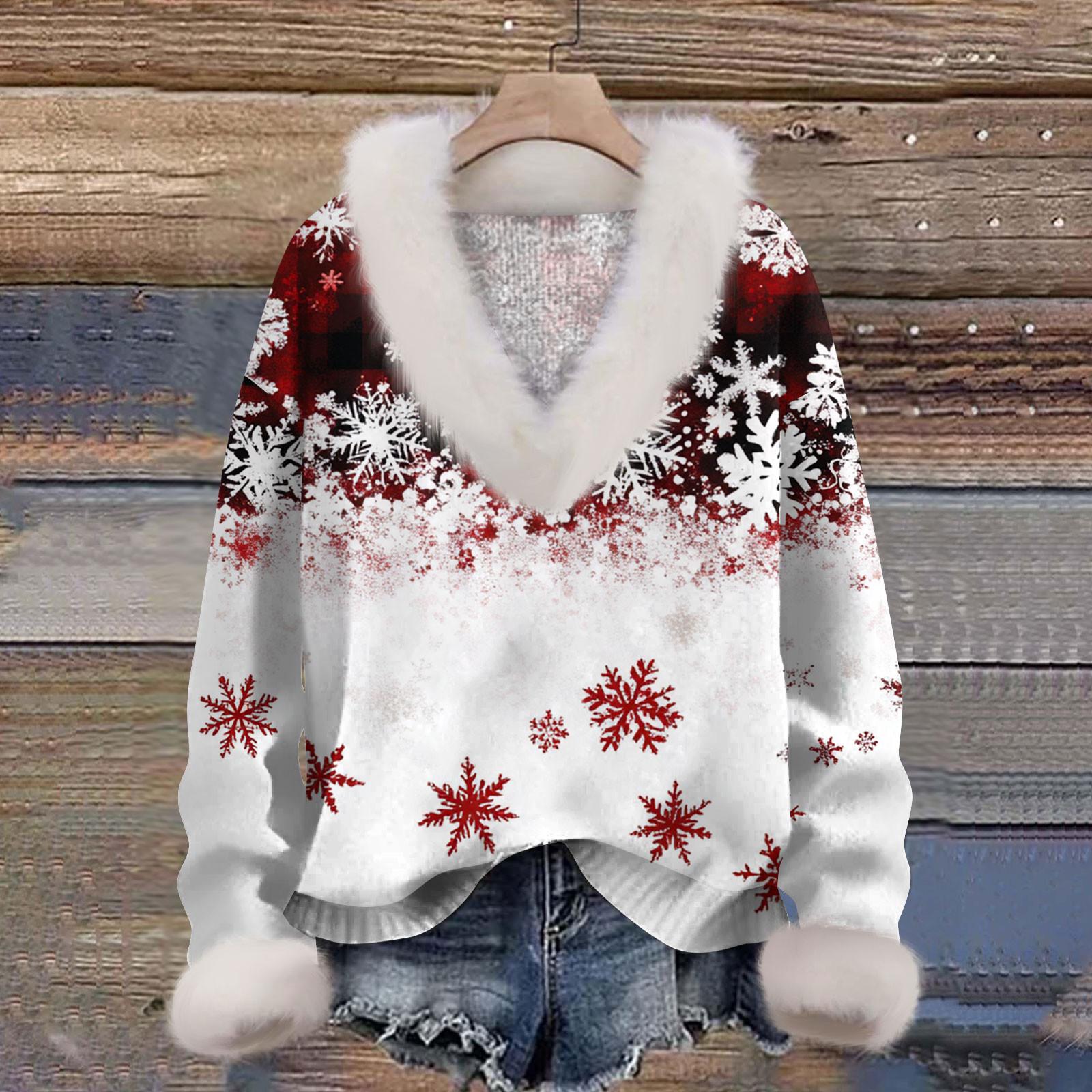 

Женская мода повседневный рождественский принт с длинным рукавом и V-образным вырезом пуловер для волос L белый
