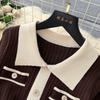 Elegant Slimming Spliced Single-breasted Knit Dresses for Women Lapel Short Sleeves Patchwork Sweater Dress Female