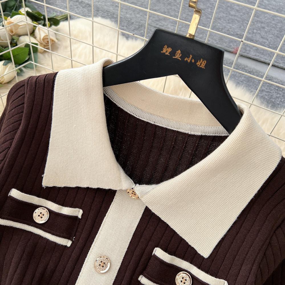 Elegant Slimming Spliced Single-breasted Knit Dresses for Women Lapel Short Sleeves Patchwork Sweater Dress Female