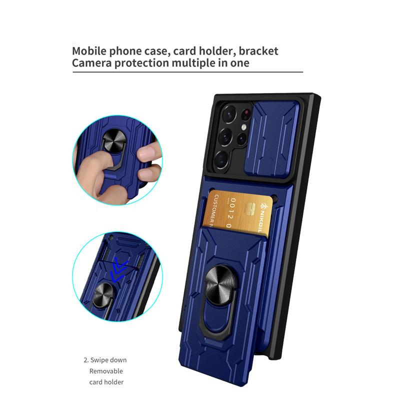 Schiebekamera-Schiebefenster-Kartensteckplatz-Ständerringhülle für Samsung Galaxy S25 S24 Ultra S23 S22 S21 S20 Plus, magnetische Hochleistungsschutzhalterung