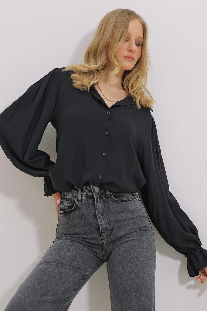 Women's Shirt New Season Fashion Green Sleeves Flounce Viscose Woven Shirt