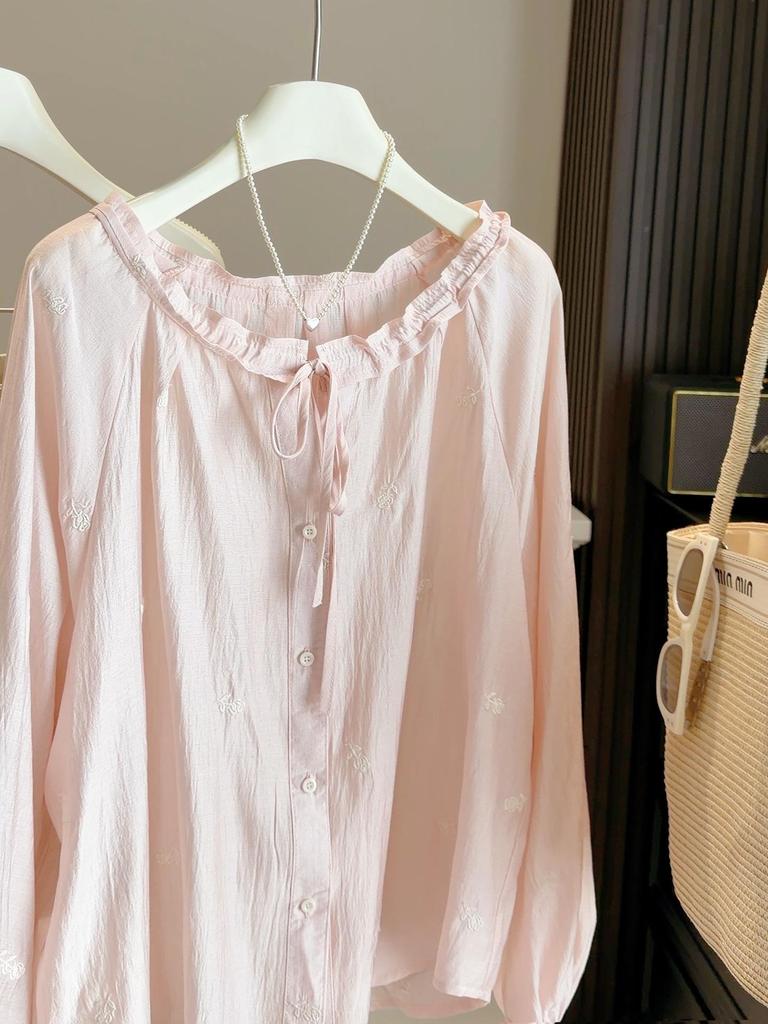 Korean Retro Lantern Sleeve Rose Embroidered Shirt - Women's Spring Ruffle Lace-Up Loose Sun Protection Top