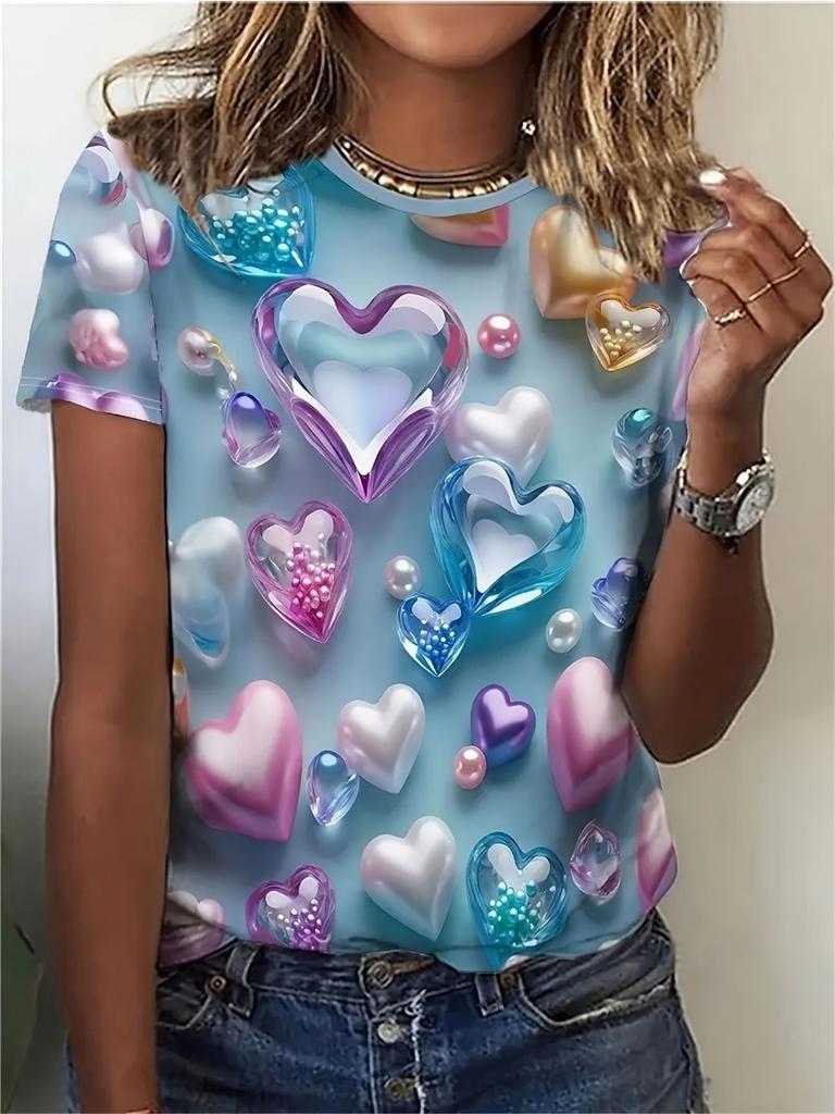 Summer Fashion Leopard Heart 3D Print T-Shirts Women's Round Neck Short Sleeve T Shirt Tees Harajuku Y2K Tops Female Clothing