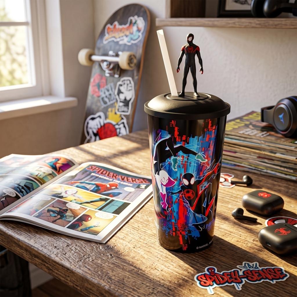 Plastic Tumbler Cup with Lid and Straw Featuring Spider-Man Design with Removable Figure on Top for Cold Beverages Reusable Drinkware