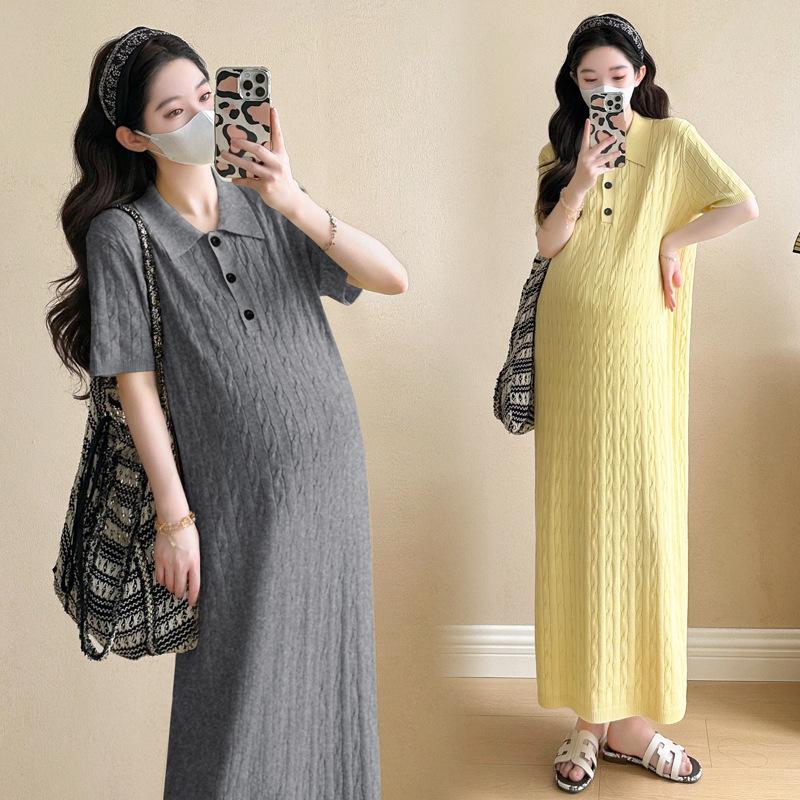Korean Style Maternity Knit Dress with Embroidery & Pleats for Summer 2026