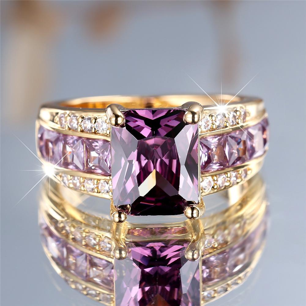 Cute Female Purple Zircon Stone Ring Gold Color Engagement Charm Wedding Jewelry For Women