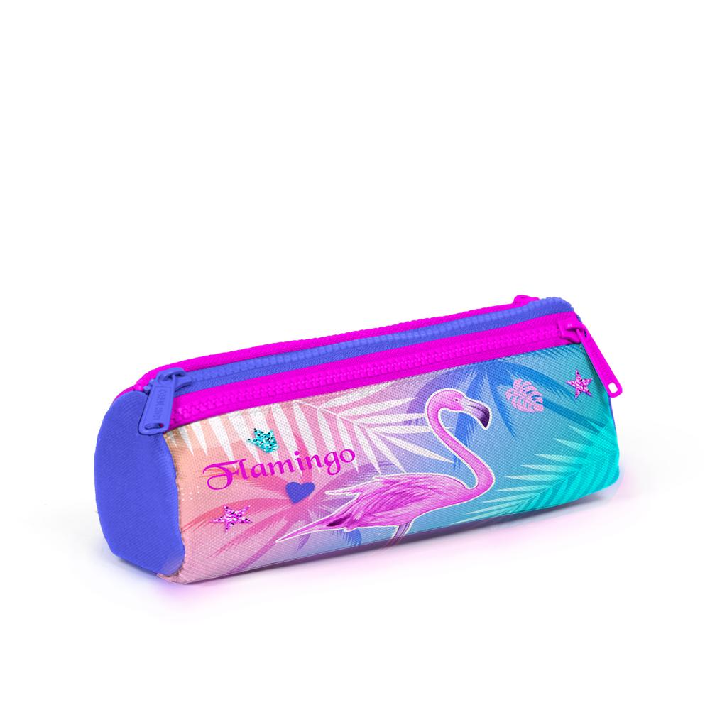 coral high Geantă pentru creion cu trei compartimente cu model flamingo roz lavandă pentru copii 22005