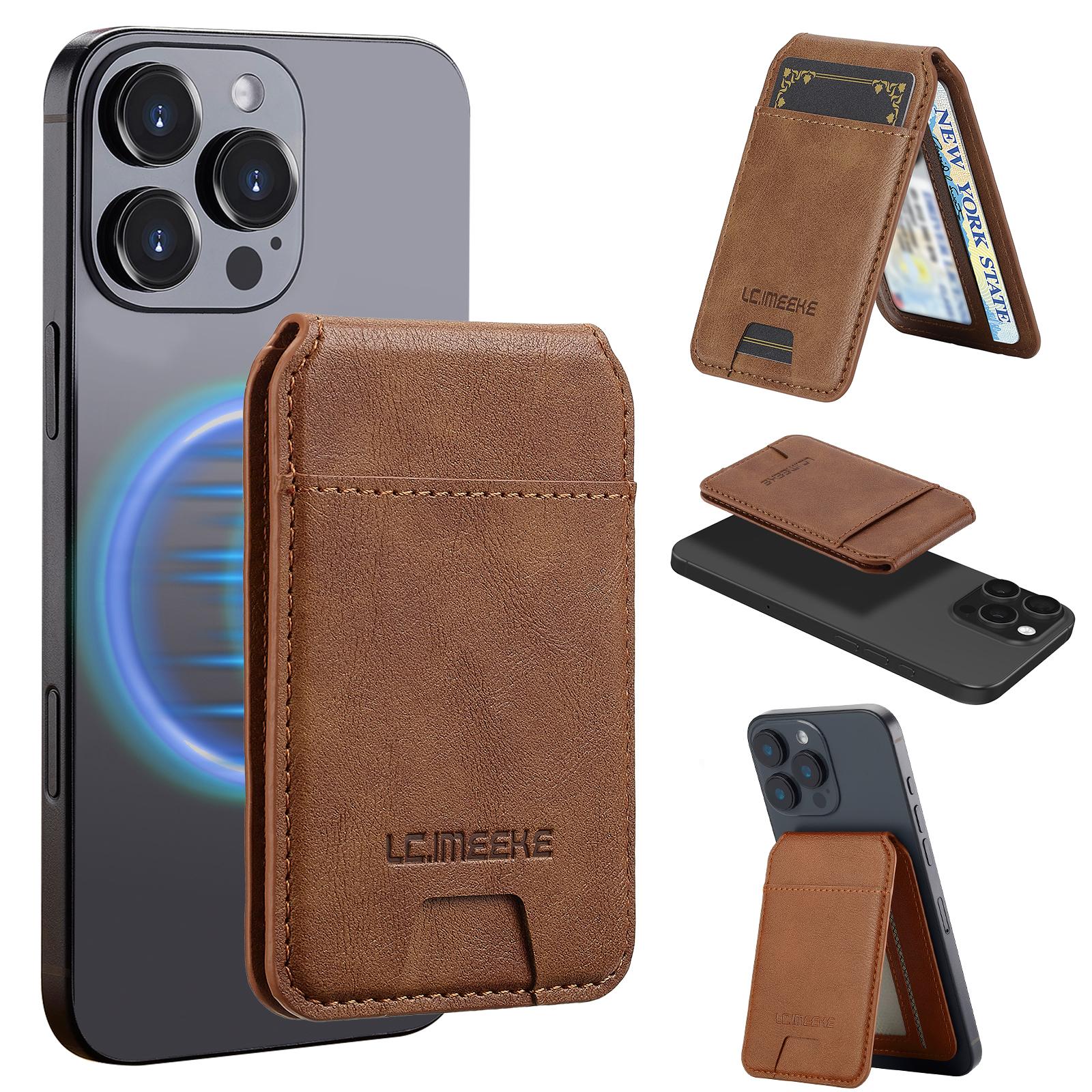 

LC.IMEEKE Phone Magnetic Card Holder RFID Blocking Card Slots Leather Kickstand Brown