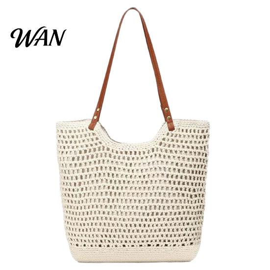 Portable Tote Bag Crochet Shoulder Bag, Large Capacity Lightweight Knit Handbag, Solid Color Handbag Summer Beach Purse for Women Holiday Commuting