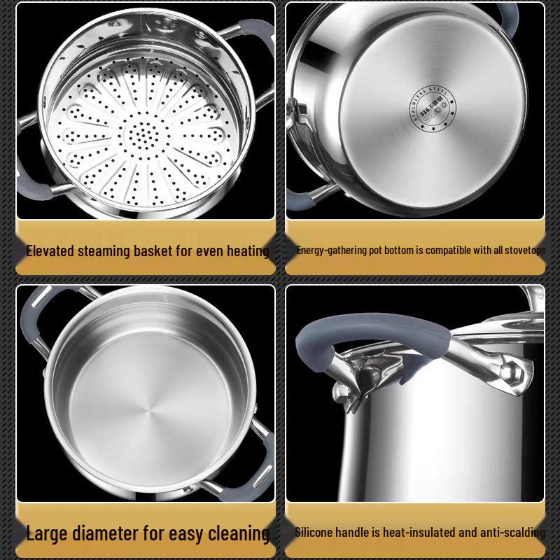 316 Stainless Steel Rivetless Stew Pot with Two-Layer Silicone, Large Capacity for Steaming and Simmering.