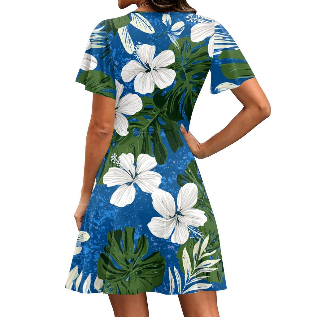Women's Casual Short Sleeve Dress V Neck Wrap Style Tropical Print Summer Beachwear Lightweight Comfortable Fit