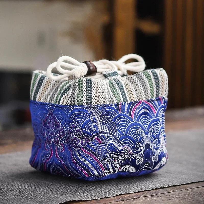 Vintage Teaware Storage Bag Outdoor Travel Ceramic Teacups Cotton and Linen Drawstring Cloth Bags Kung Fu Tea Accessories