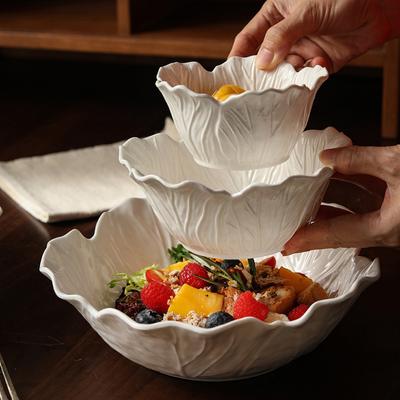 Nordic Luxury Flower Ceramic Dinner Plates White Creative Cabbage Relief Tableware Fruit Vegetable Salad Bowl Large Soup Bowls