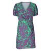 Damen Kurz Sommerkleider Lässig Bemalte Drucke Puffärmel Wickel V-Ausschnitt Kleid Hohe Taille Trendiger Druck Wickel Saum Strandkleid