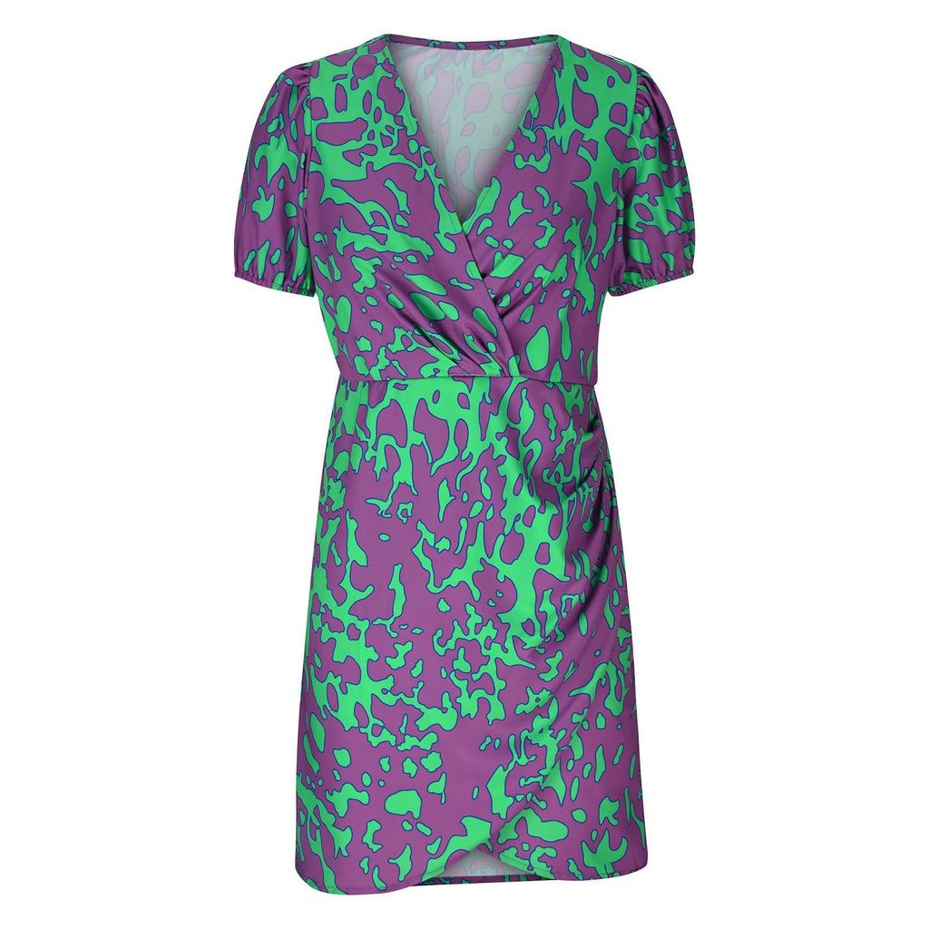 Damen Kurz Sommerkleider Lässig Bemalte Drucke Puffärmel Wickel V-Ausschnitt Kleid Hohe Taille Trendiger Druck Wickel Saum Strandkleid