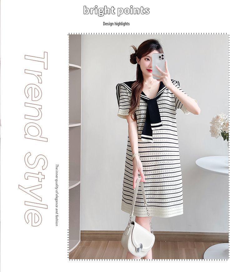 Navy Striped Korean Style Maternity Summer Dress, Casual Loose Fit, Slimming Ice Silk Knit with Hollowed-Out Details