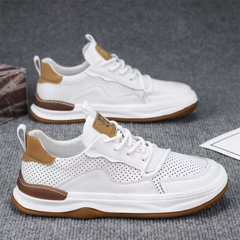 2025 new little white shoes soft sole not tired feet hollow breathable soft sole Korean version trendy shoes flat shoes men's high sense