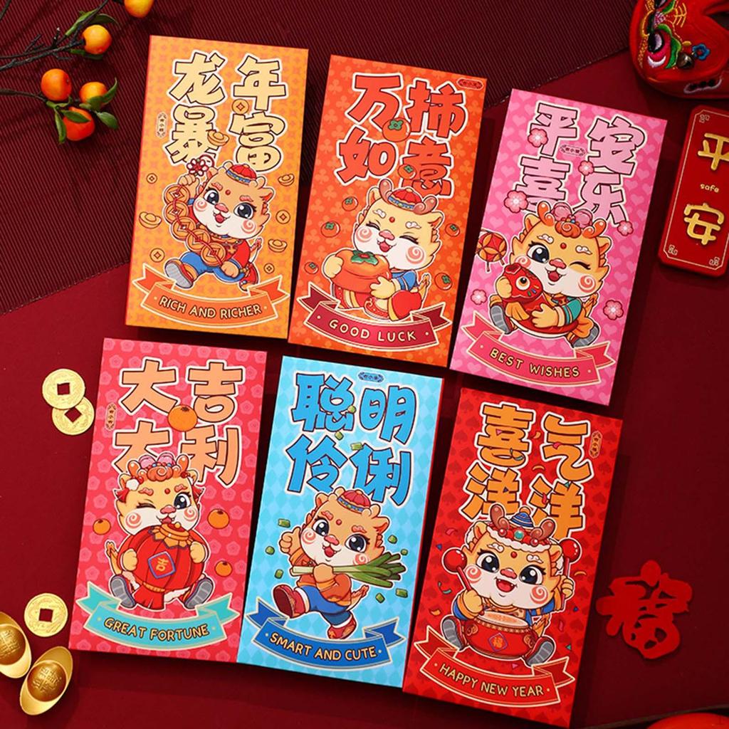 6 Stück Chinesisches Mondjahr Rote Umschläge Glücksgeld Geschenke Präsent Beste Wünsche Drache Hong Bao