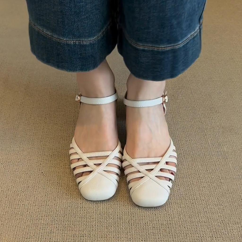 Sheepskin version~ Hollow leather bag head shoes women's French one-word with breathable thick heel Roman sandals women's summer wear