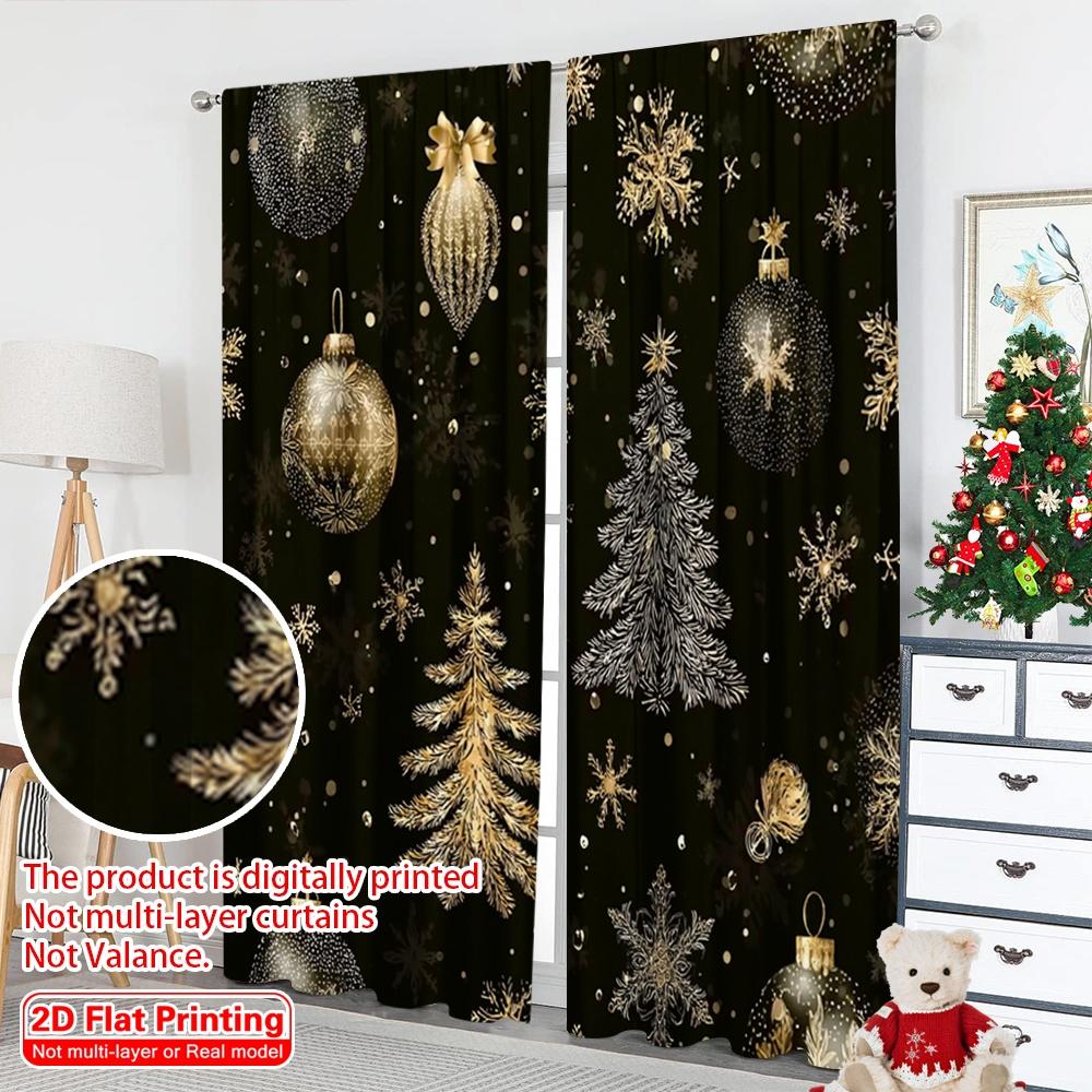 2D flat printing 2pcs Merry Christmas Window Curtains Golden Snowball Black Christmas 100% Polyester Without Electricity