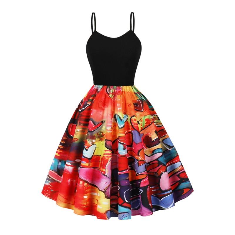 A New Summer Cool Suspender Retro Printed Pendulum Dress