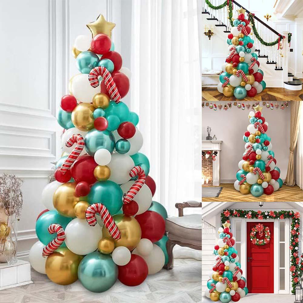 114pcs Christmas Tree Latex Aluminum Film Balloon Tree Set Red Cane Christmas Day Party Venue Decoration Set Party Decoration