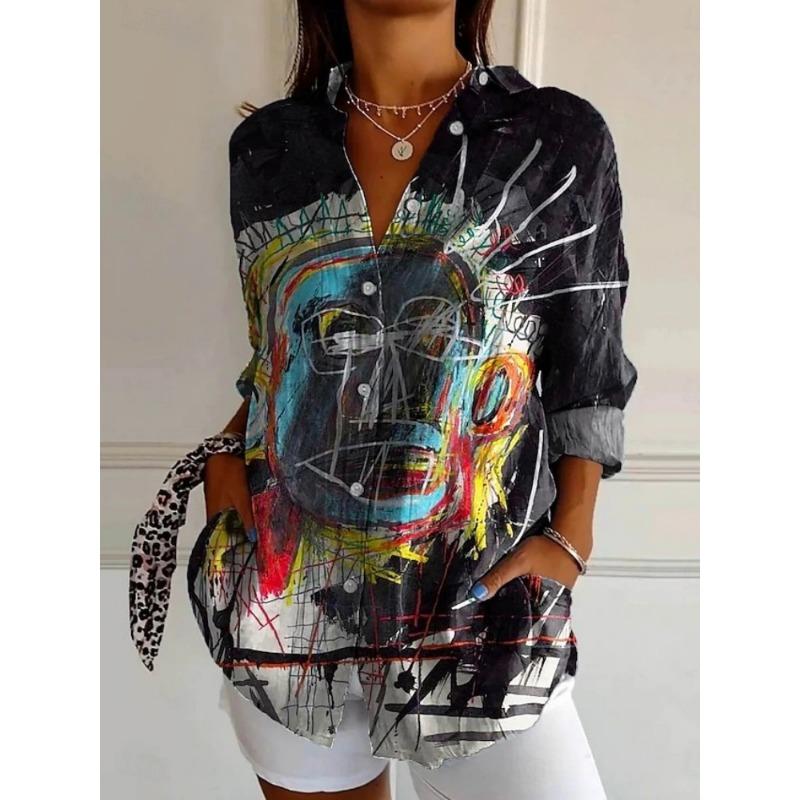 Fun Cartoon Print T-Shirt Women's Unique And Playful Collared Shirt Casual Everyday Loose-Fit Comfortable Shirt Women's Shirt