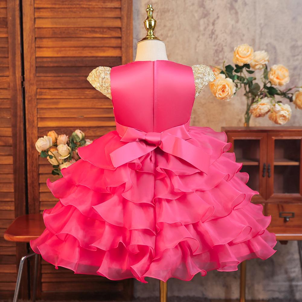 Girls' Puffy Organza Dress with Bow and Embroidery