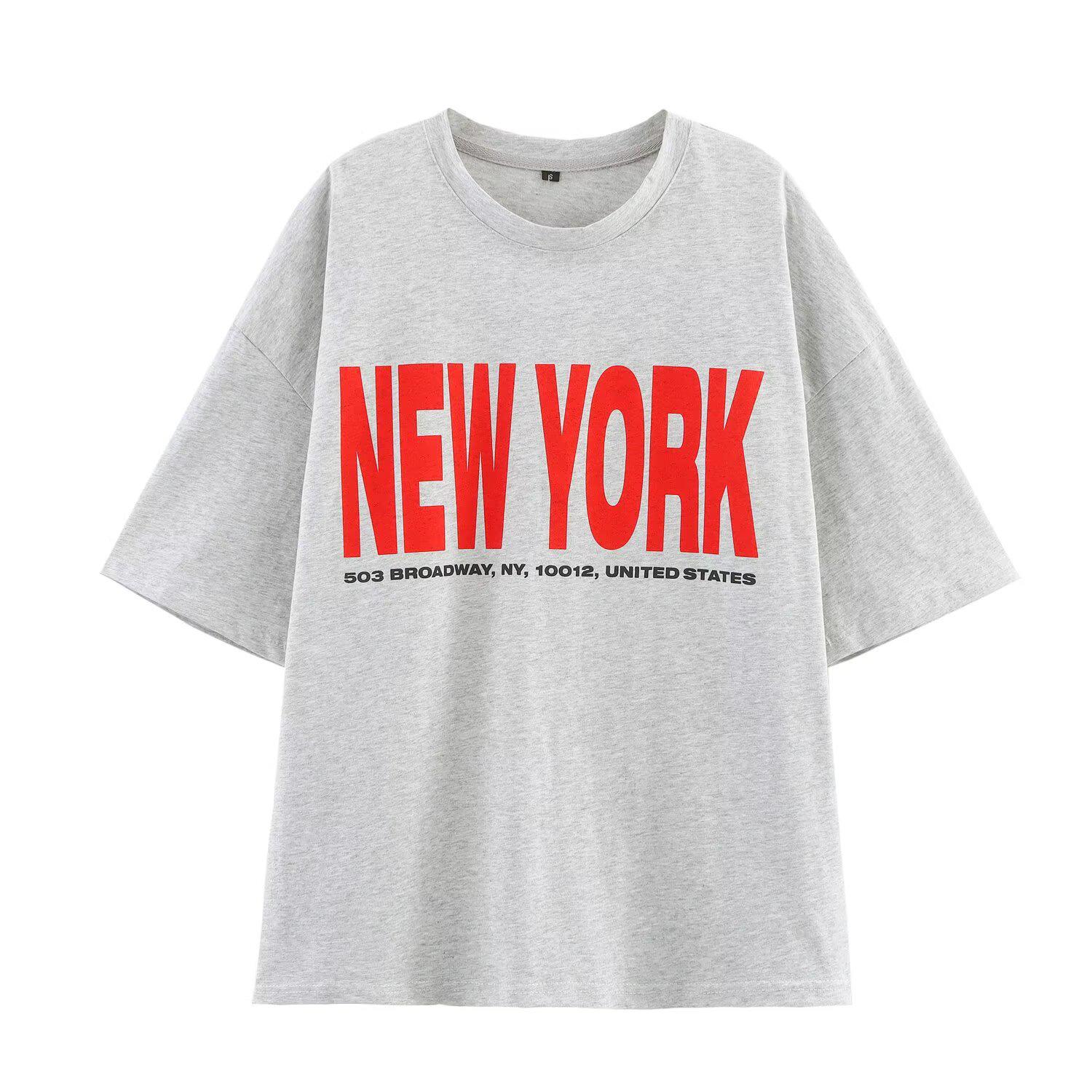 

2025 Весна Женская Европейский и Американский Стиль Свободный Крой Универсальная Футболка с Принтом S светло-серый