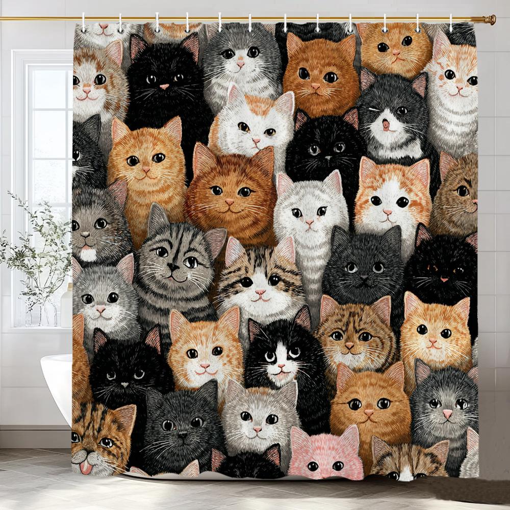 Cute Cat Shower Curtain for Bathroom Decor, Funny Bathroom Curtain , Cat Cute Cartoon Waterproof Fabric Home Curtain With Hooks 90x180cm-35x70in