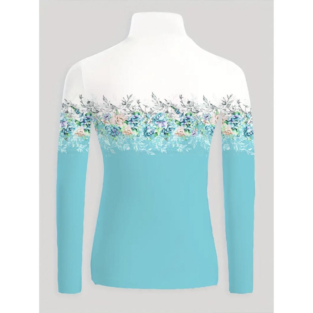 Women's Cheongsam Collar Long-sleeved T-shirt with Blue and White Gradual Change Base Color and Floral Positioning Pattern Print
