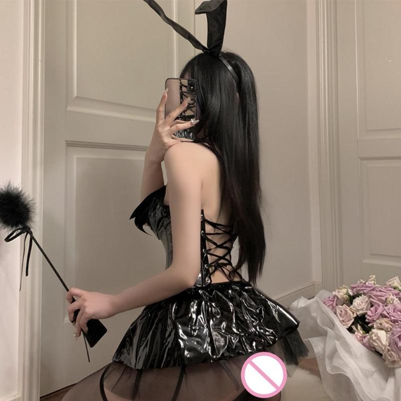 Sexy Women Nightdress Patent Leather Trim Cosplay Costume Oil Shiny Short Dress Tight Up Backless Outfits Hot Club Nightwear
