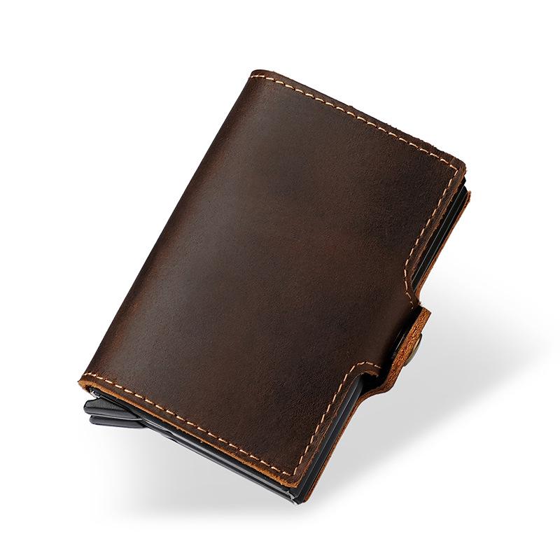 Vintage 2025 Men's Double-Layer Crazy Horse Leather Card Holder with Push-Button Pop-Up and Aluminum Clip