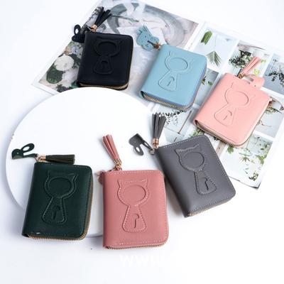 Korean Cute Cat Print Wallet Women Short Wallet  Zipper Card Bag Clutch Bag Coin Purse Credit Card Holder with Tassel Pendant