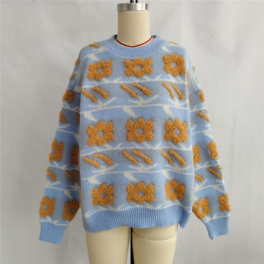 Autumn and Winter New Sweet and Cute Style Flower Jacquard Towel Embroidered Knitted Round Neck Thick Sweater for Women 3579 KTB