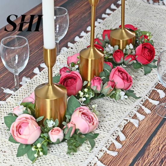 Artificial Wreath 2Pcs Candlestick Garland Lifelike Candle Holder Realistic Flower Home Decor Long-lasting for Party Decoration High-quality