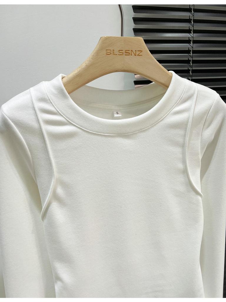 Women's Slim Fit Long-Sleeve White Plush Hem T-Shirt - Autumn/Winter Style