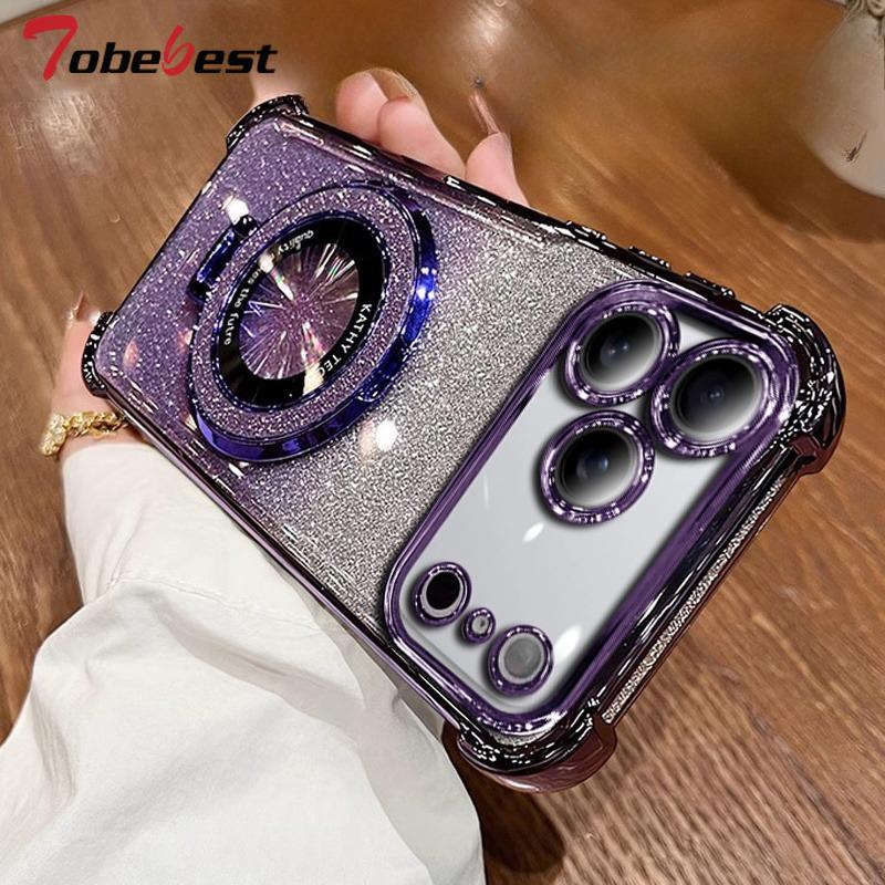 Shockproof Glitter Plating Magnetic Bracket Case for IPhone 17 Air 16 16E 15 14 Plus 13 12 Mini 11 Pro XS Max XR Silicone Cover