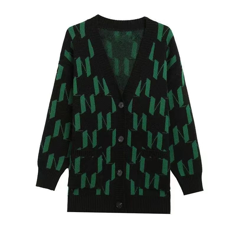 Herbst/Winter Damen Übergröße Strickjacke Pullover V-Ausschnitt Lockere Strickjacke Bedrucktes einreihiges Strickoberteil