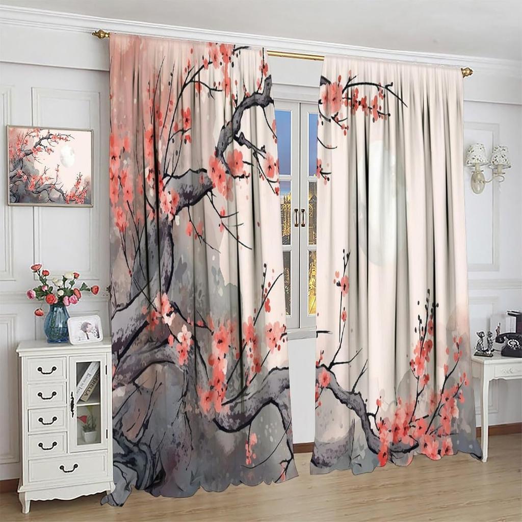 Cherry Blossom Curtain Red Plum Floral Japanese Watercolor Flower Aesthetic Blooming Asian Traditional Ink Painting With Room Darkening Polyester