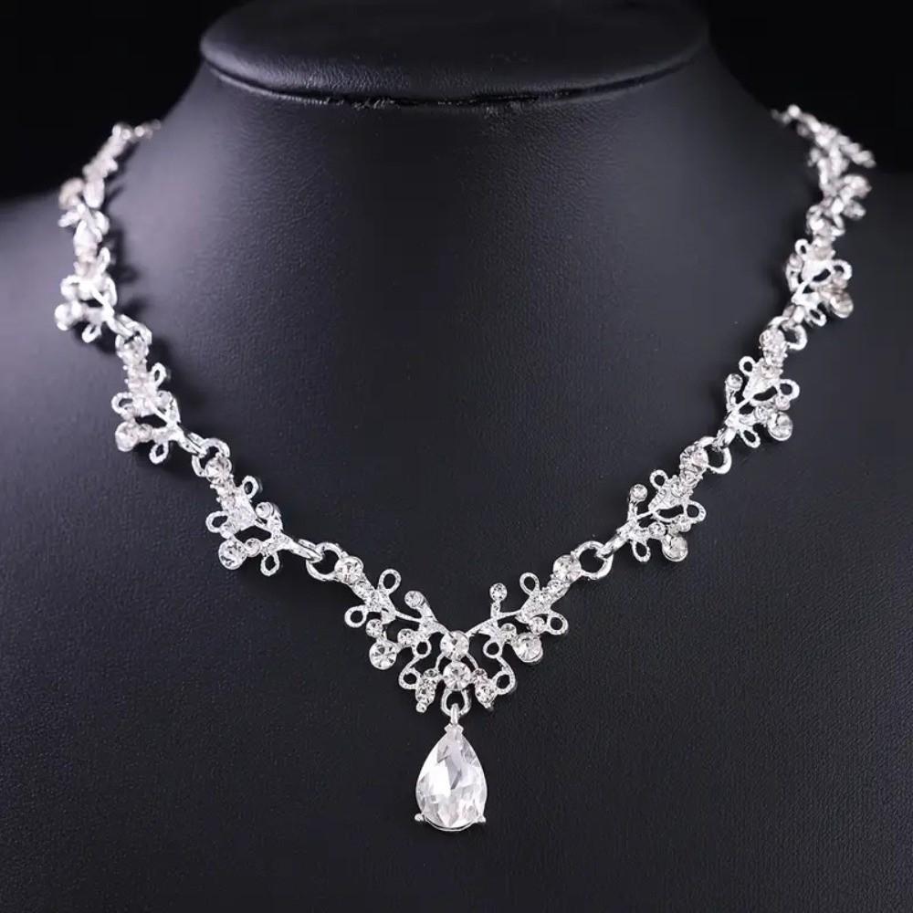 3 Stück Glänzende Luxus Hochzeitsdiademe Metall Halskette Ohrringe und Kronen Sets Brautschmucksets Mädchen