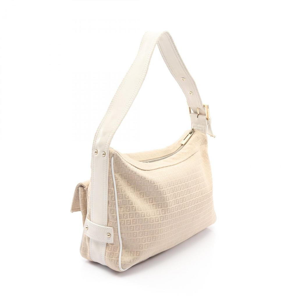 Used FENDI Micro FF Shoulder Bag canvas leather Beige White Used Women