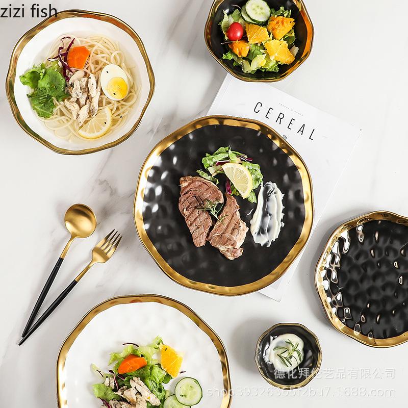 Irregular Gold-plated Edge Ceramic Steak Plate Salad Plate Dessert Plate Matte Thick Soup Bowl Restaurant Creative Tableware