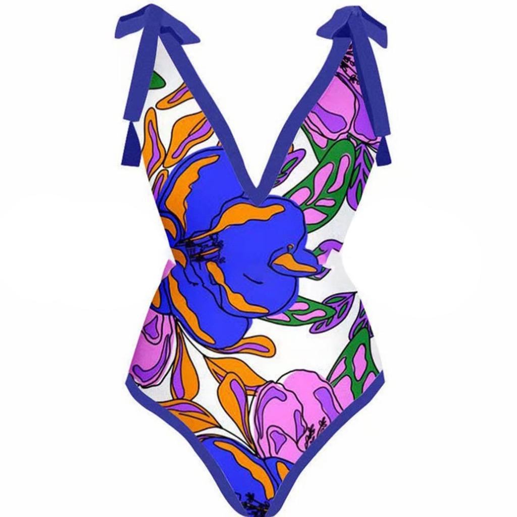 Women's Fashion Sexy Printed V Neck Bandage Strap Backless Beachwear Skirt Monokini Bikini Swimsuit 2 Piece Swimsuit